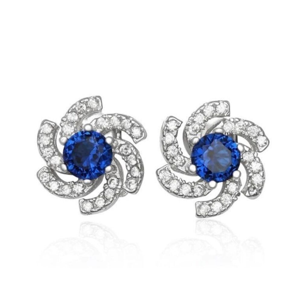 Blue Sapphire/White Topaz Pinwheel Stud Earrings~925 Sterling Silver